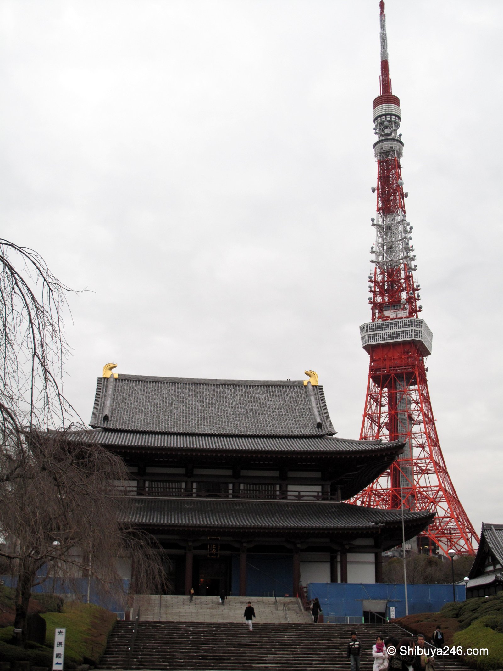 Zojoji temple's main hall with Tokyo Tower rising behind it