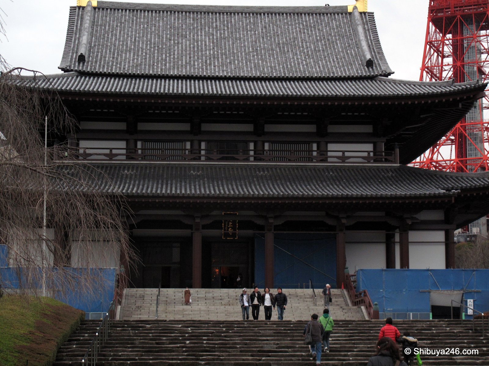 Steps up to the main hall of Zojoji with the red frame of Tokyo Tower at the corner