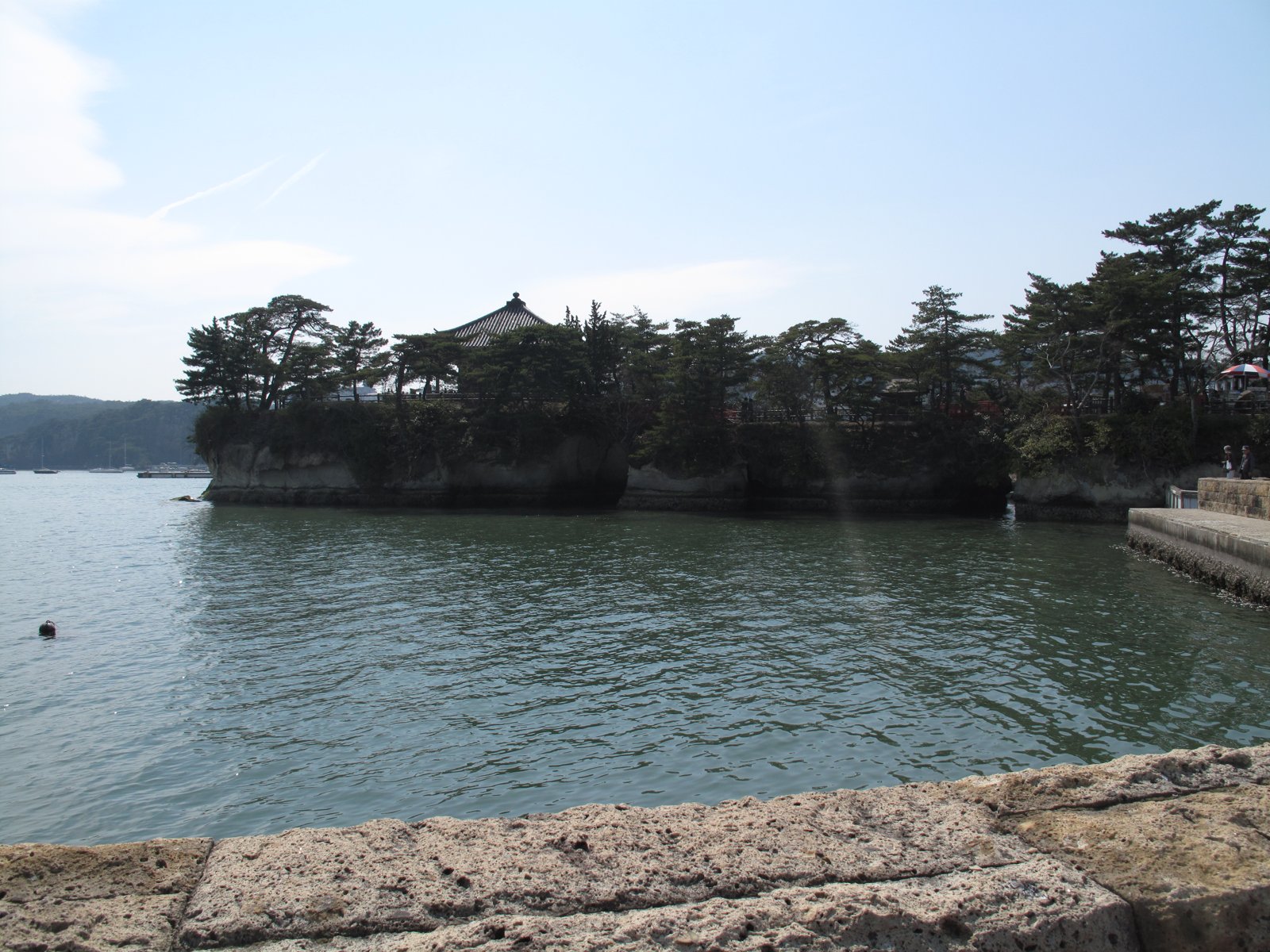 A small island with a temple hall among pine trees