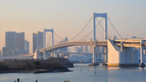 The Rainbow Bridge looking back at Tokyo from Aqua City, Odaiba.