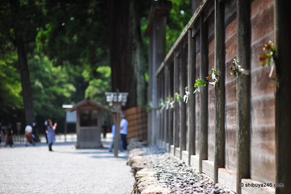 A gravel path beside a wooden fence with lanterns
