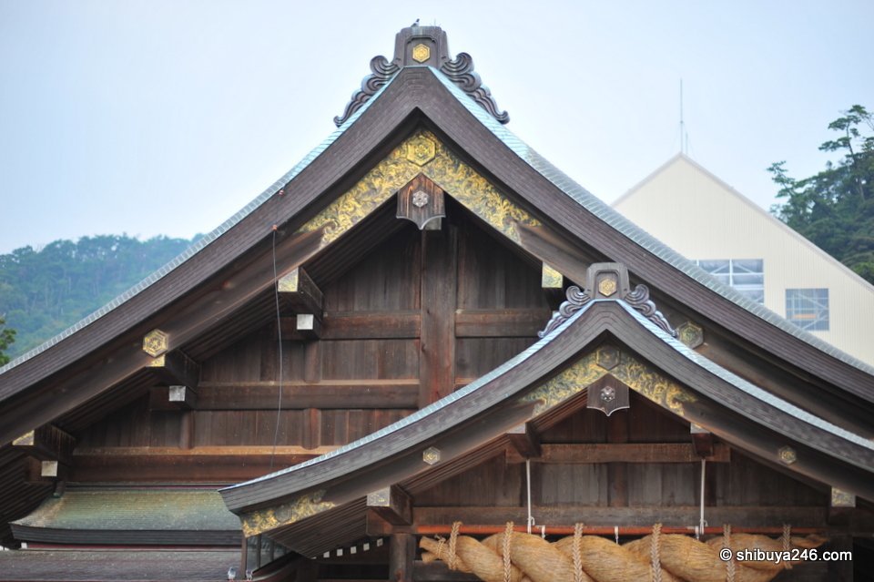 Sweeping wooden roof lines of a shrine hall