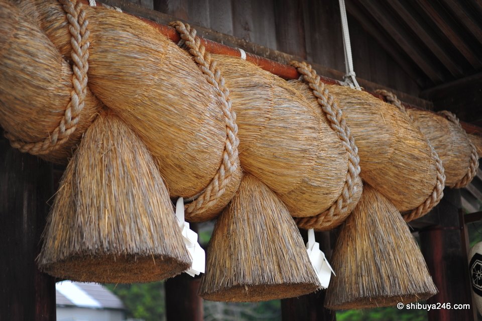 The tassels hanging from a straw rope