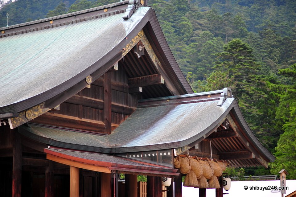 The roofs of shrine buildings against the hills