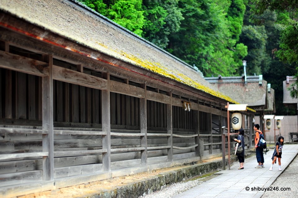 A long wooden corridor building beside a path