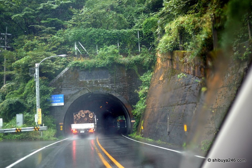 A road tunnel entrance cut into a green hillside