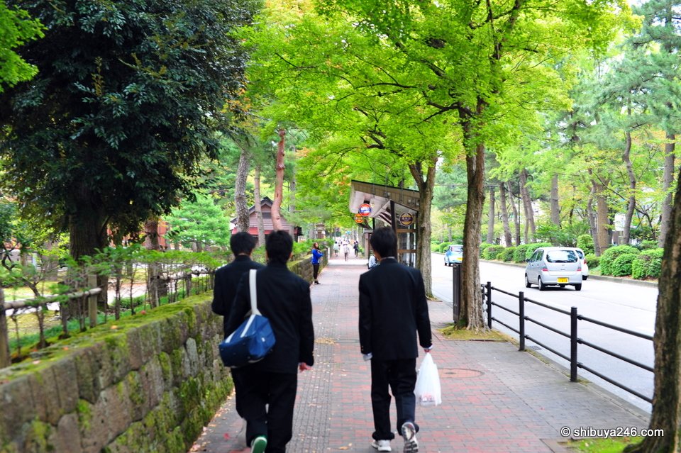 Two school students in uniform walking along a tree-lined path