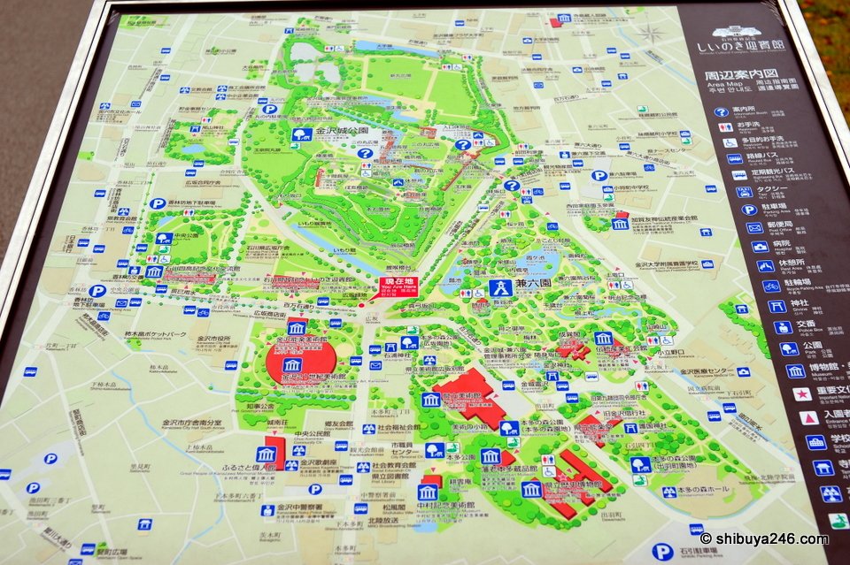A large tourist map of central Kanazawa
