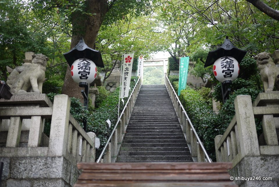 Stone steps leading up between lanterns to the shrine