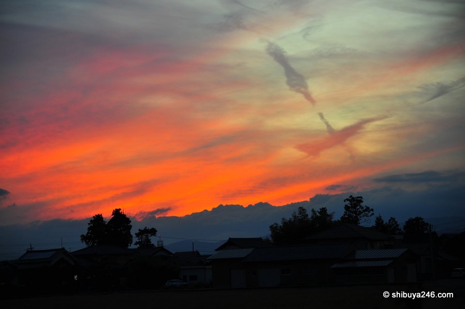 A long band of red cloud above a dark row of houses and trees