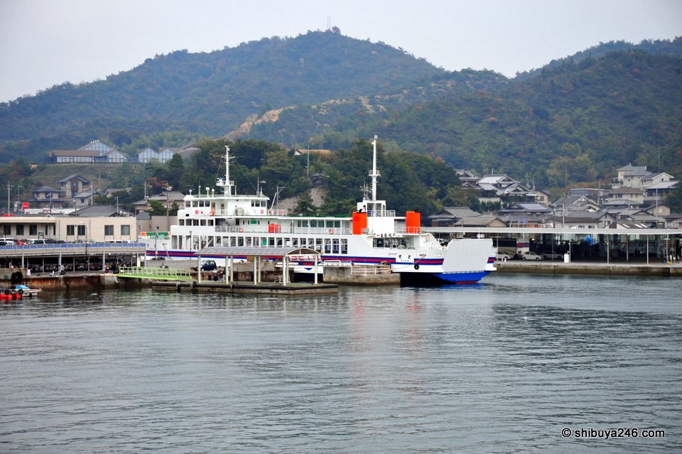 Ferries and boats at a port in front of green hills