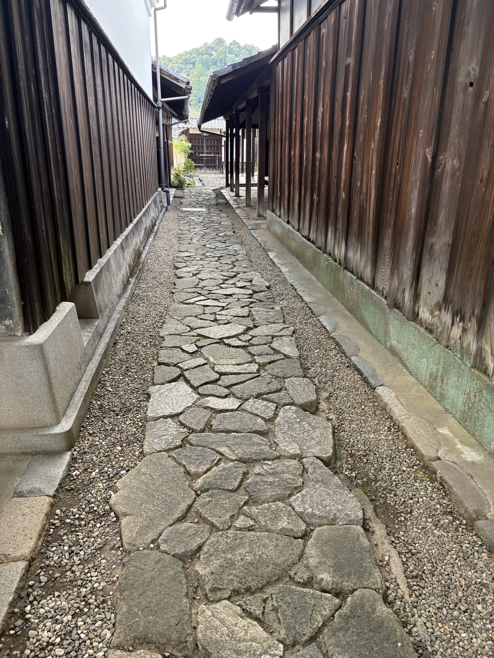 A narrow stone path between tall dark wooden walls