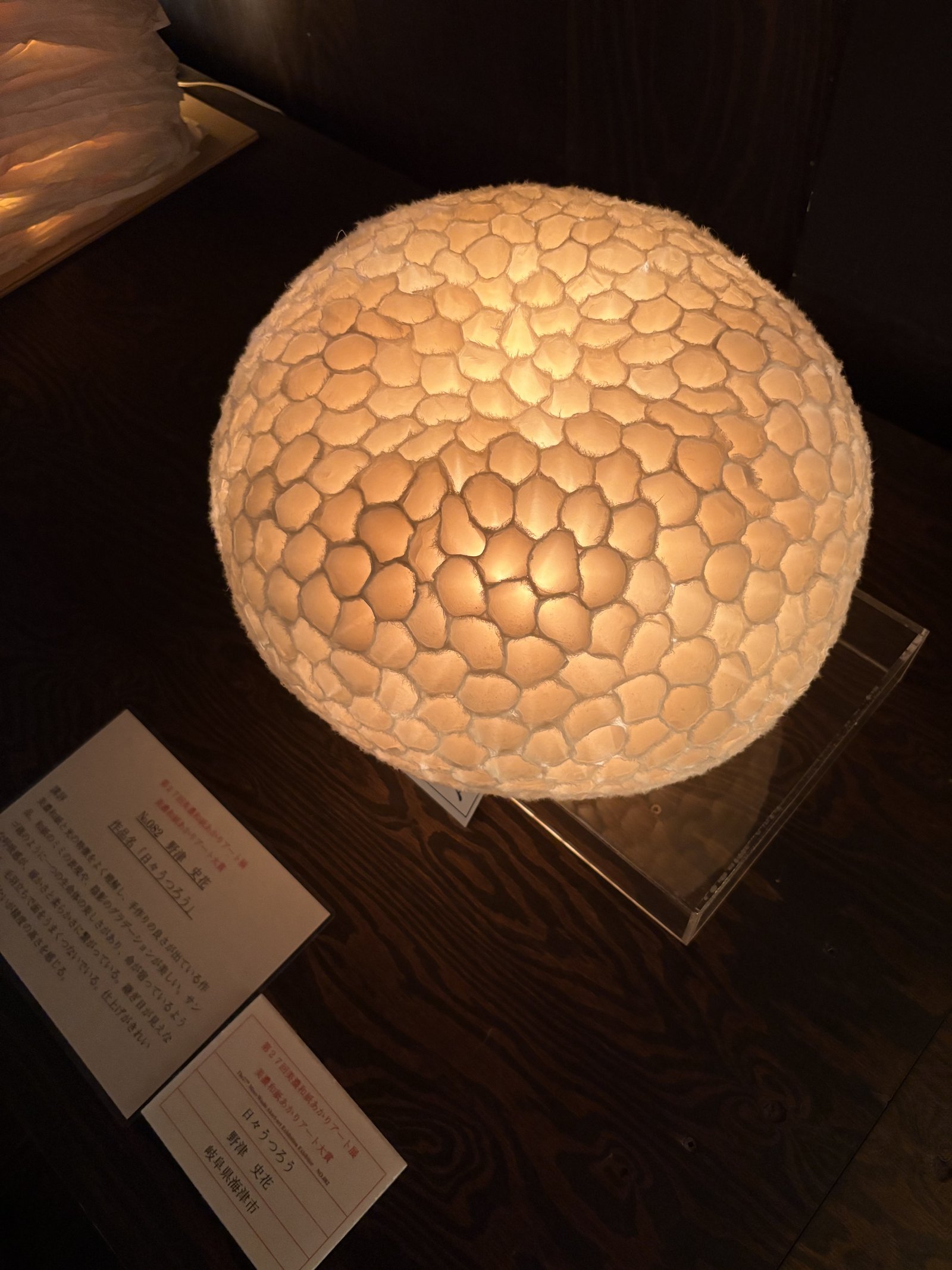 A round lamp covered in small overlapping paper petals